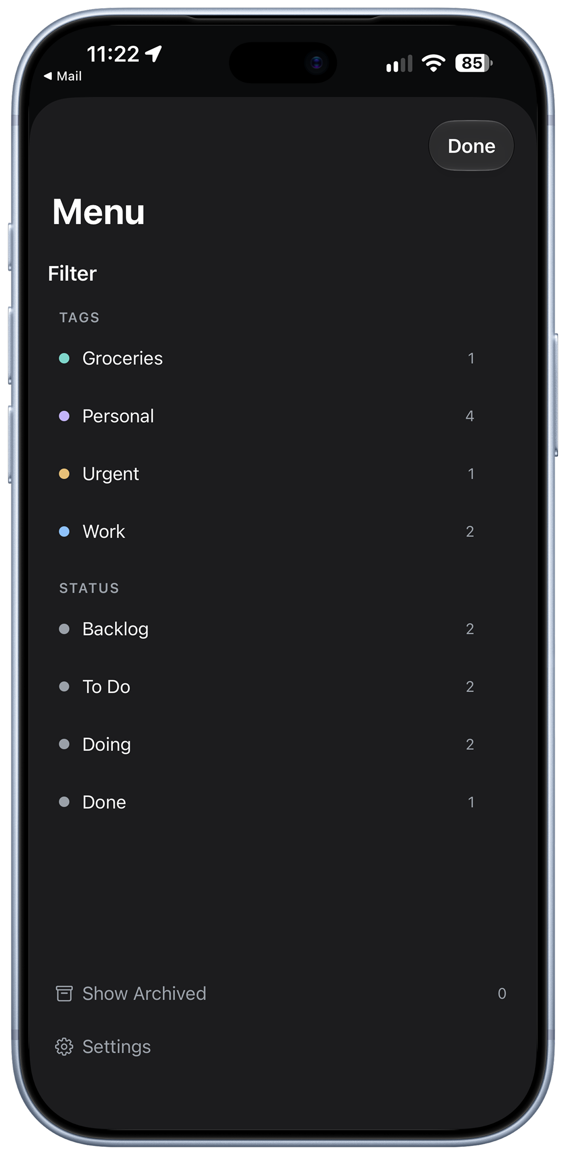 Flowly's Tag and Status filter sidebar on iPhone